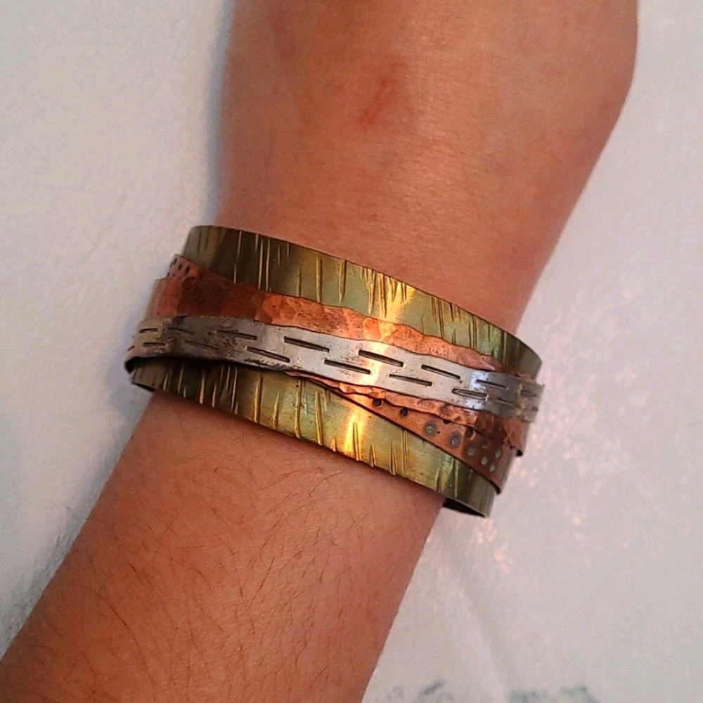Brass, Copper, Silver Layered Cuff Bracelet